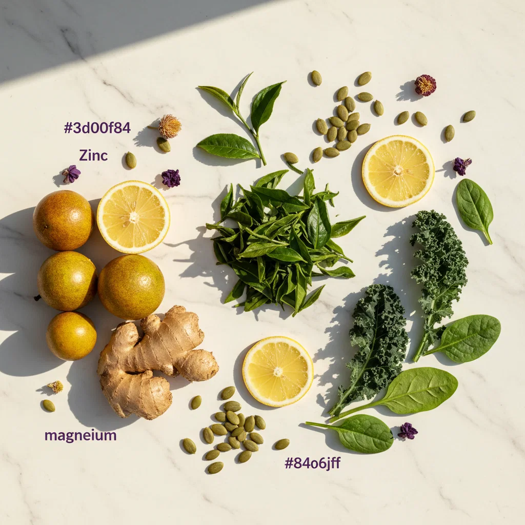 Flat lay van groene thee, garcinia, citroen, pompoenpitten en spinazie - plantaardige supplementen stofwisseling ondersteunen